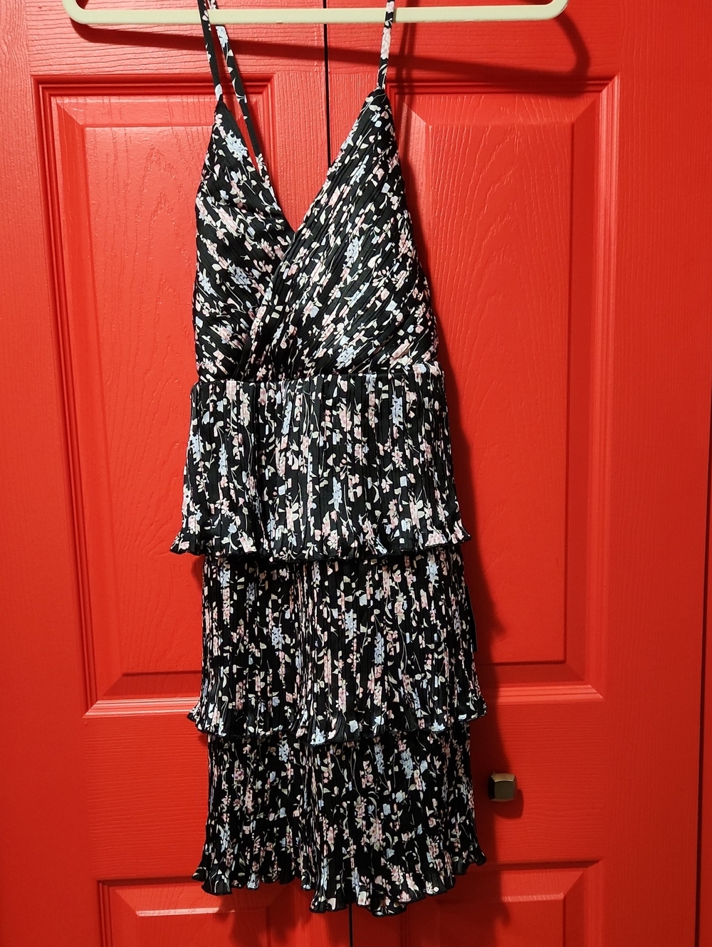 Sz S Lulu's Black Floral Tiered Mini Dress with Pink & Light Blue Accents